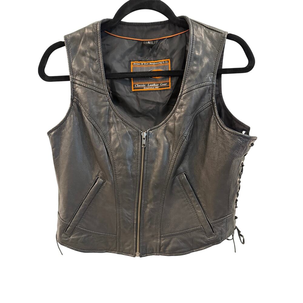 Women's Black Leather Motorcycle Vest with Side Lacing and Zip Front